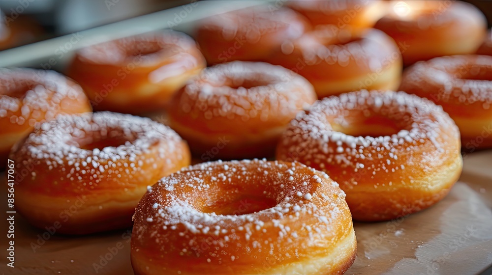 Poster a row of powdered donuts with a white powdered sugar rim. the donuts are arranged in a neat row on a