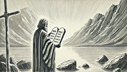 God gives the Ten Commandments — Exodus 20. Digital illustration.