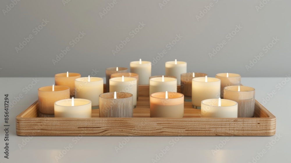 Poster square candles in neutral tones arranged in a gridlike pattern on a wooden tray adding a subtle eleg