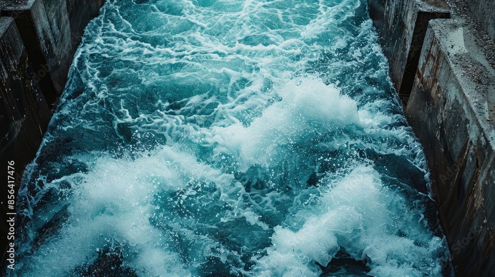 Poster the water is crashing against the wall, creating a powerful and dynamic scene. the waves are high an