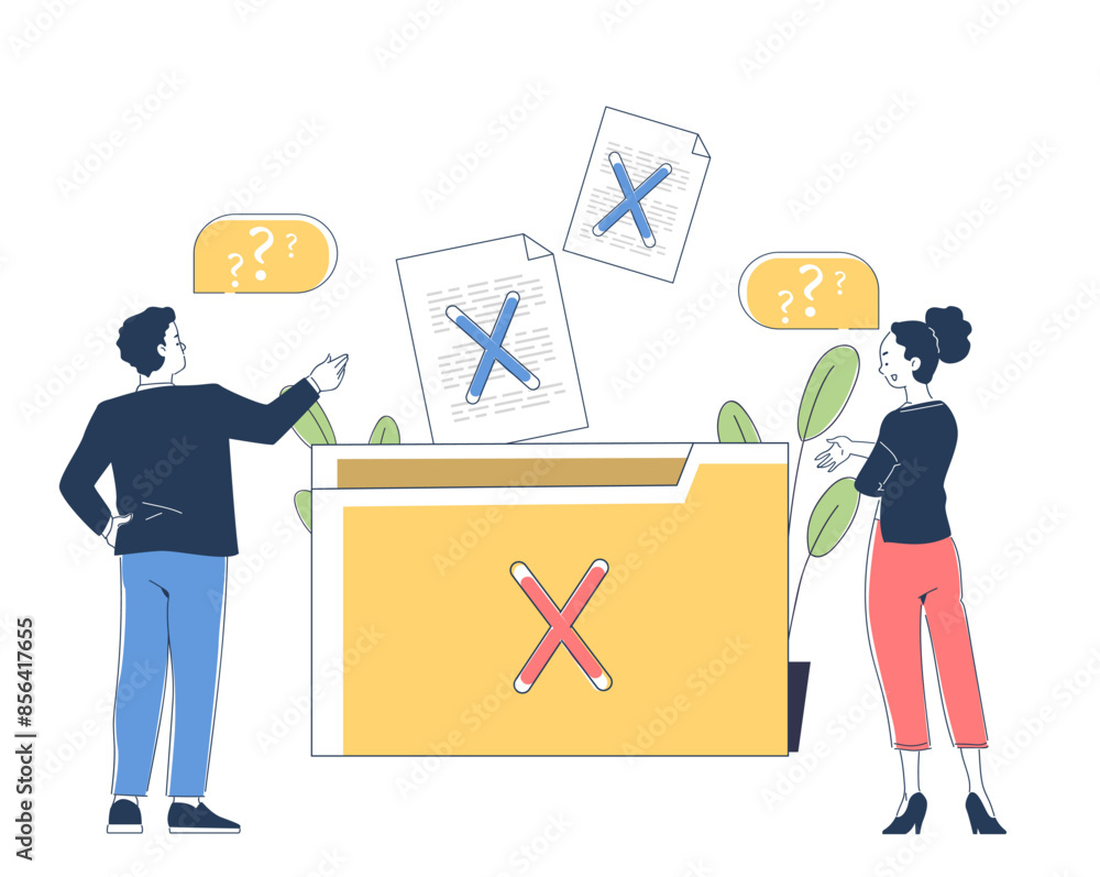 Poster no data at folder. man and woman without files. problems with documents, mistakes and errors in elec