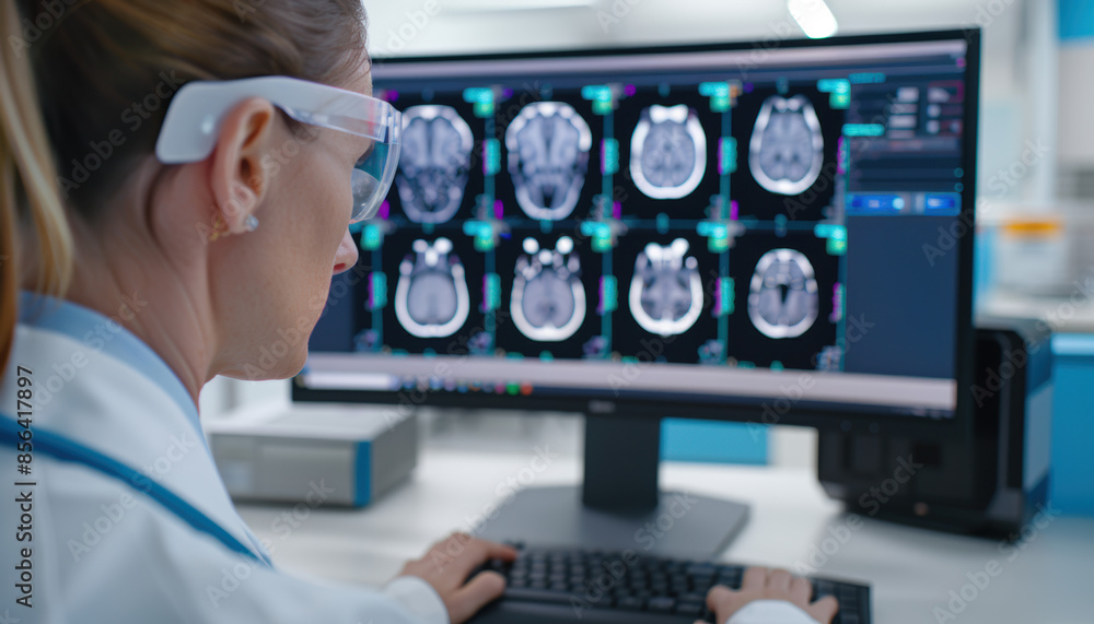 Poster a woman in a white lab coat is looking at a computer monitor displaying several