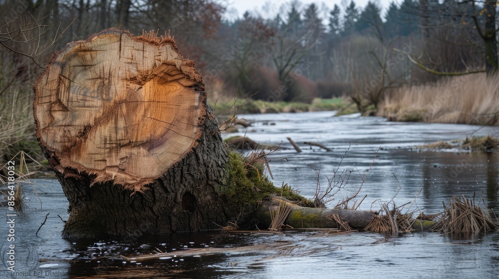Poster a large log is floating in a river. the water is calm and the surrounding area is covered in trees