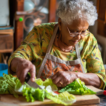 senior black woman cutting vegetables