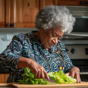 senior black woman cutting vegetables