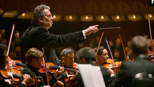 Orchestra with a conductor standing on stage.