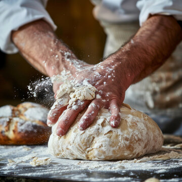 baker kneading dough on table
