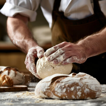 baker kneading dough on table