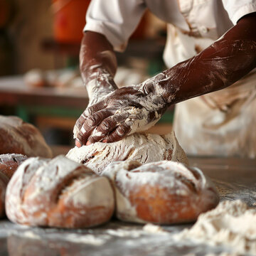 close up of a hand doing a loaf of bread