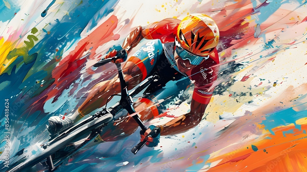 Wall mural Dynamic Abstract Artwork Depicting a Triathlete's Journey with Bold Colors and Expressive Shapes - Wall murals