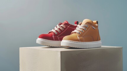 Stylish children s footwear displayed against gray backdrop