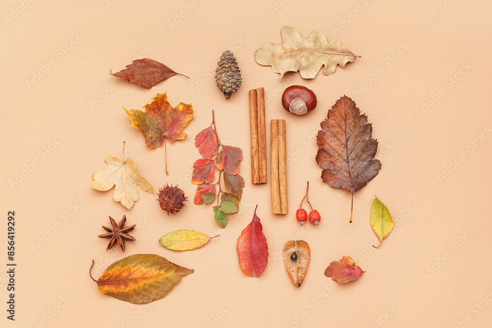 Poster beautiful autumn composition on beige background