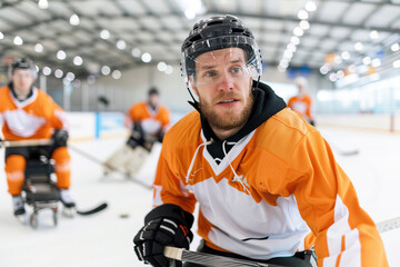 A male ice hockey player wearing an orange jersey and helmet, with a focused expression, holds his stick while participating in a game
