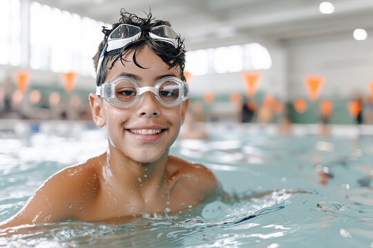 A young boy with wet hair smiles while wearing goggles in an indoor swimming pool