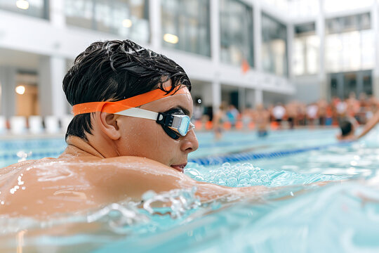 A young male swimmer in an indoor pool wearing goggles, preparing for a race
