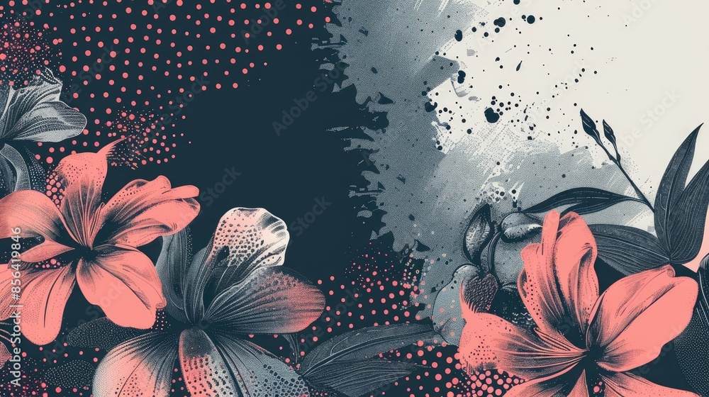 Aufkleber abstract background with halftone flowers bouquet and botanical elements for greeting card and texti