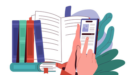 Reading books online. Remote education and learning. Digital library application. Love of reading and literature. Store with audio books. Cartoon flat vector illustration isolated on white background