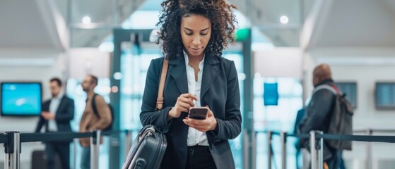 A woman in a business suit looking at her cell phone. AI.