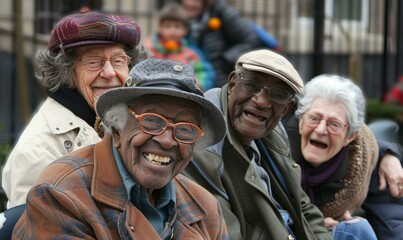 Fototapeta premium A group of elderly people sitting together on a bench. AI.