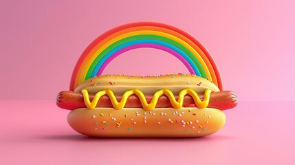 Cartoon hotdog with a rainbow overhead, cheerful and colorful, detailed