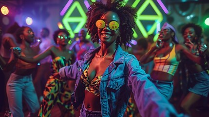 A vibrant 90s dance party scene with people wearing neon clothing, dancing under disco lights. The background features big punchy text and abstract geometric shapes in lime green and purple.