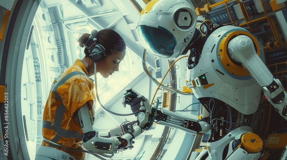 Poster a man in a spacesuit is standing next to a robot. the robot is white and orange