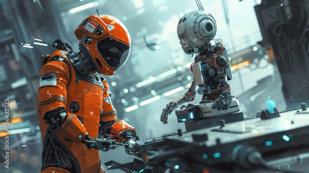 Aufkleber a man in a spacesuit is standing next to a robot. the robot is white and orange