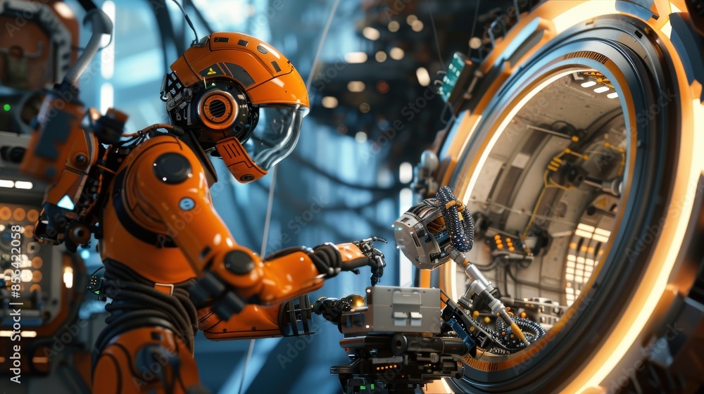Poster a man in a spacesuit is standing next to a robot. the robot is white and orange