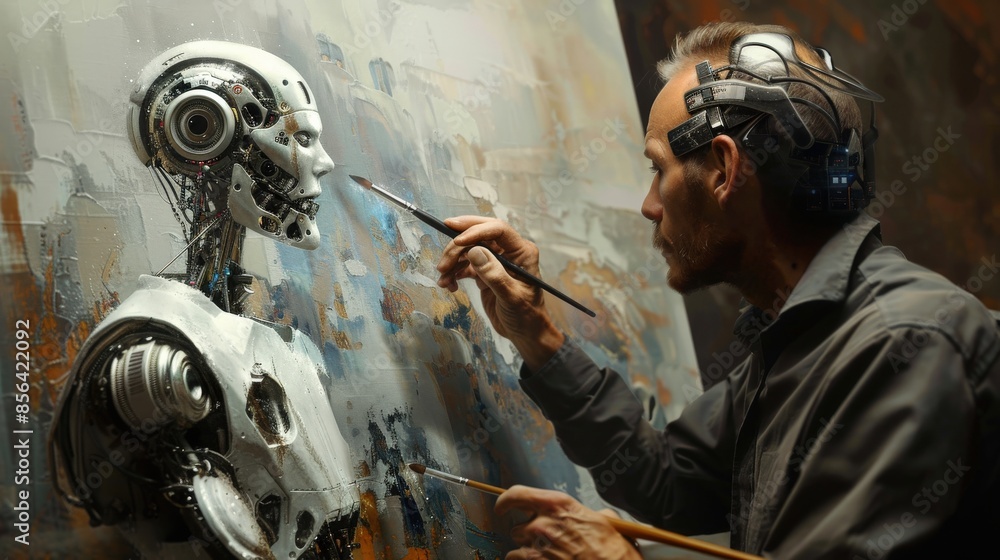 Poster a man is painting a robot on a canvas. the robot is white and has a metallic appearance. the man is 