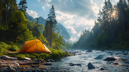 un paisaje al aire libre de un bosque con montañas y un rio a la orilla del rio una casa de campaña en un campamento aventura y recreacion viajando y conociendo el mundo