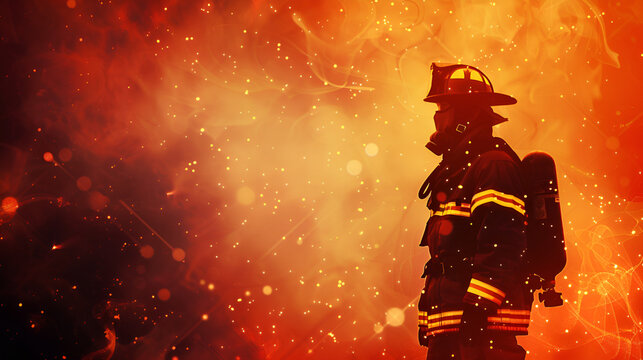 fondo de efecto con fuego con espacio para copiar con un bombero atendiendo el fuego y la emergencia controlando el peligro celebrando el dia del bombero