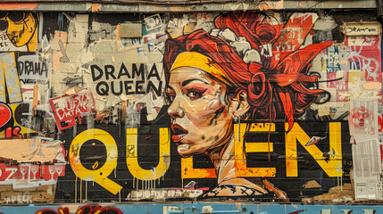 Portrait of a woman, DRAMA QUEEN, Graffiti on the streets of London Town, abstract art on a wall, 