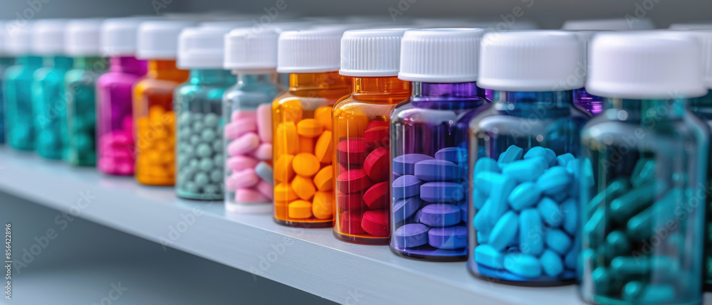 Poster a row of colorful pills are lined up on a shelf