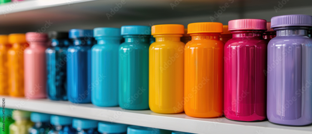 Poster a row of colorful bottles on a shelf