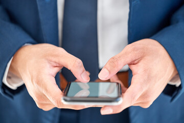 Hands, business and man with smartphone, screen and internet for social media, trading and investment. Person, closeup and trader with cellphone, tech and digital app for texting, message and contact
