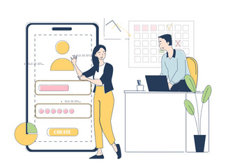 UI and UX programming. Man and woman create design elements for website or mobile application. Team of designer and freelancers. Linear vector illustration isolated on white background