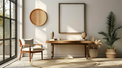 An empty wooden frame mockup in modern minimal living room or workstation, boho style