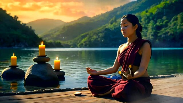 woman mediating calmly by the lake in an amazing fantasySeamless looping 4k video background