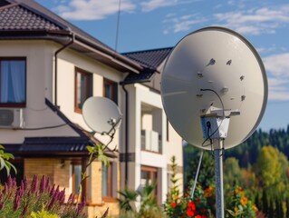 Modern Home Satellite Dish. Satellite TV dish installed on a country house exterior - ai