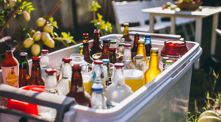 A rack of cold drink, beer, soda, pop, water in a summer day at a garden party