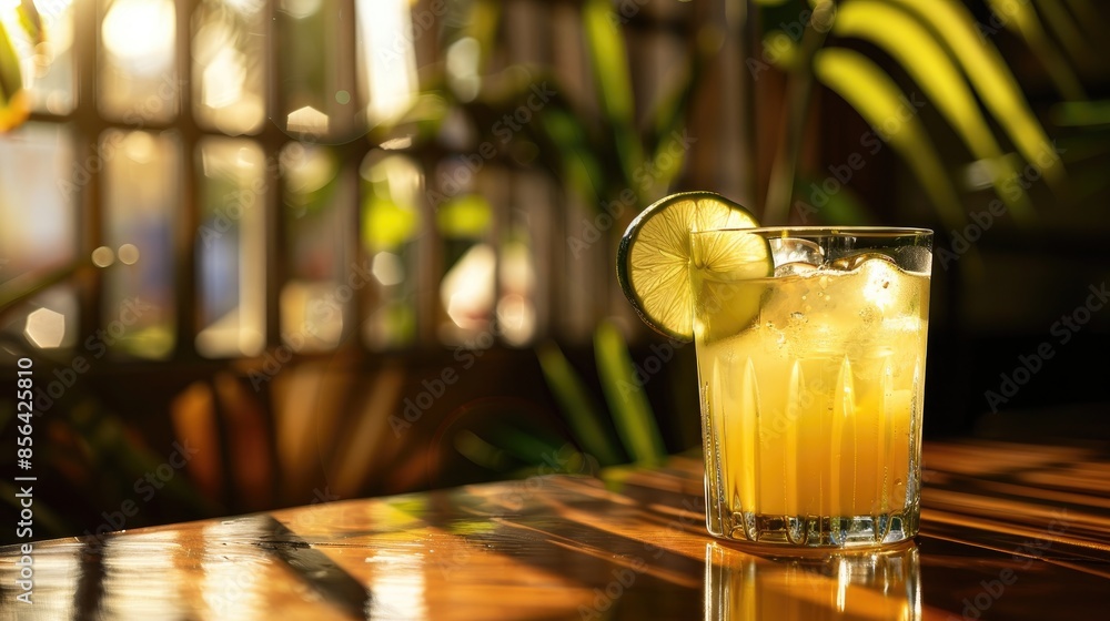 Poster refreshing cocktail with lime on table side view