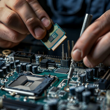 The technician is putting the CPU on the socket of the computer motherboard. after repairing and cleaning it
