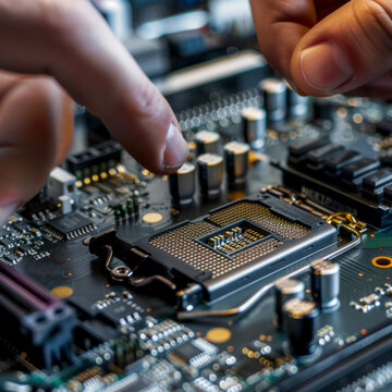 The technician is testing and cleaning a cpu socket on a motherboard