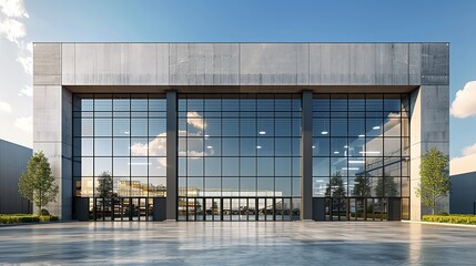 The exterior of an industrial building with large, utilitarian windows and a rough concrete surface, the minimalist color palette emphasizing the starkness. Illustration, Minimalism,