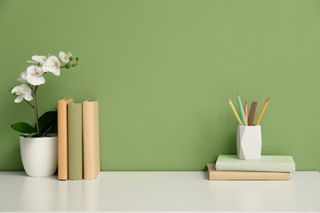 Stylish workplace with stationery and houseplant near green wall