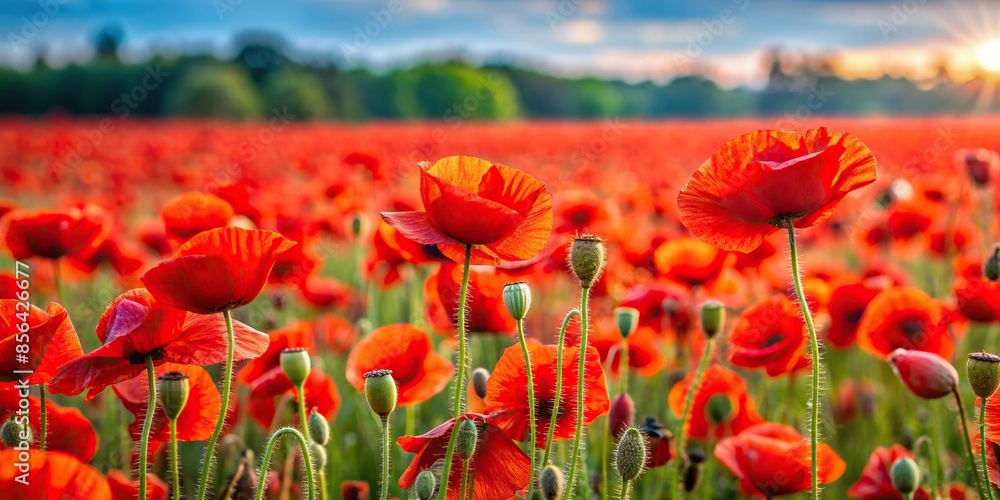 Wall mural vibrant red poppies in full bloom in a meadow , flowers, petals, nature, spring, vibrant, field, lan - Wall murals