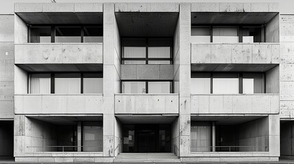 The facade of a brutalist office building with sharp, geometric lines and rough textures, captured in a minimalist, black and white photograph. Illustration, Minimalism,