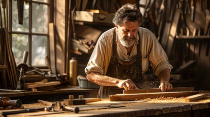 A man is working on a piece of wood in a workshop. The atmosphere is calm and focused, as the man carefully carves and shapes the wood. Concept of craftsmanship and dedication to the task at hand