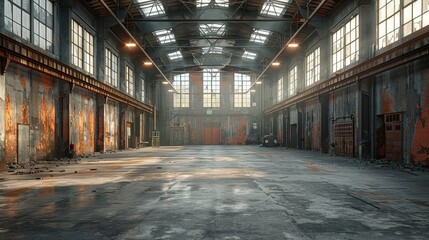 Obraz premium The interior of an abandoned warehouse with exposed beams and crumbling walls, the grungy atmosphere enhanced by a minimalist, monochrome color scheme. Illustration, Minimalism,
