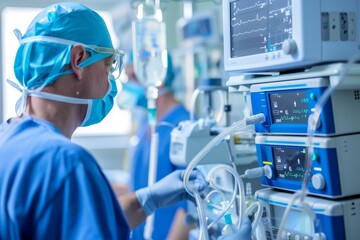 An anesthesiologist readying the anesthesia machine while the patient is prepped for surgery